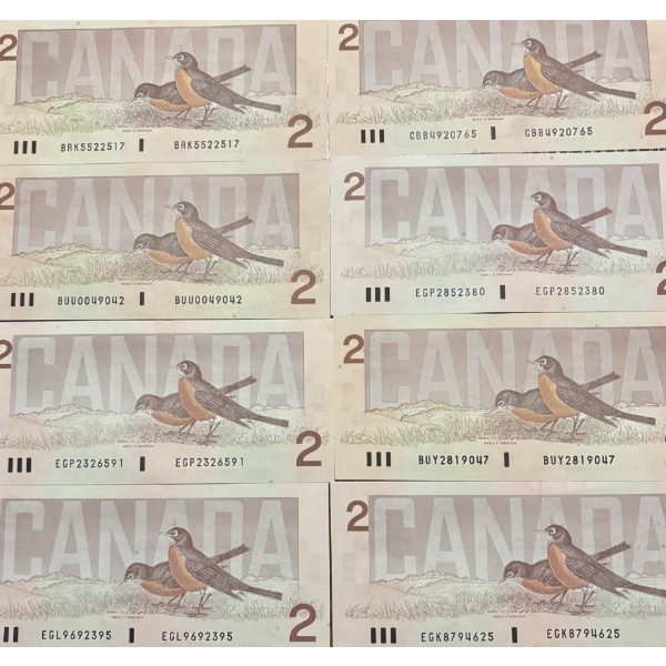 1986 Uncirculated Canadian Crisp 2 $ Bills All In Great Condition Eight in Total