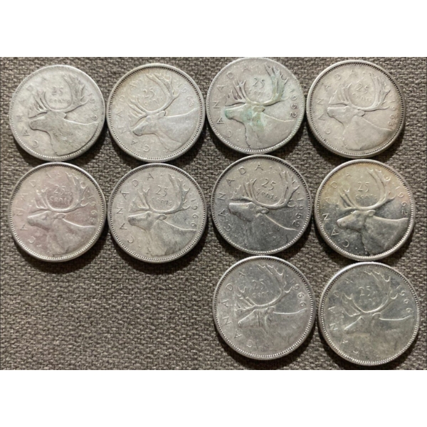 Canadian 25-cent Pieces 80% Silver 64.13 Grams