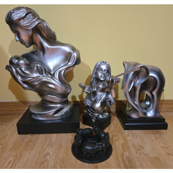 Decorative Silver Colored Figures - Mom, Violin Player, Elephants 