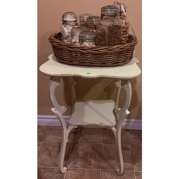 Painted Wood Side Table and Wicker Basket with Glass Jars