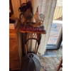 Image 1 : Tall Wicker Stand H34", Feathered Rooster, Porcelain Rooster, Cast Iron Home Hanger And Wicker Lamp 