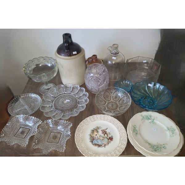 Assorted Glassware Including: Brown Jug 7" Diameter, 14 T, Serving Dishes and Bowls, and More!