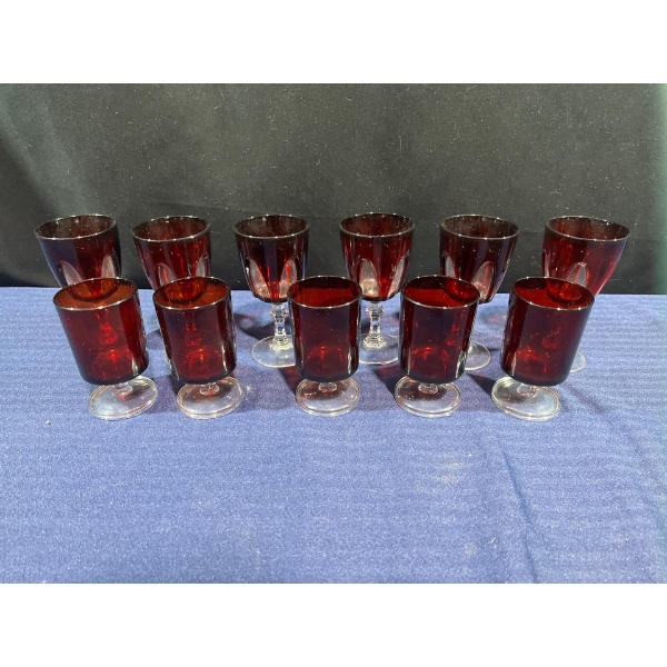 Collection of Cranberry Glasses - 6 Tall 5 Short