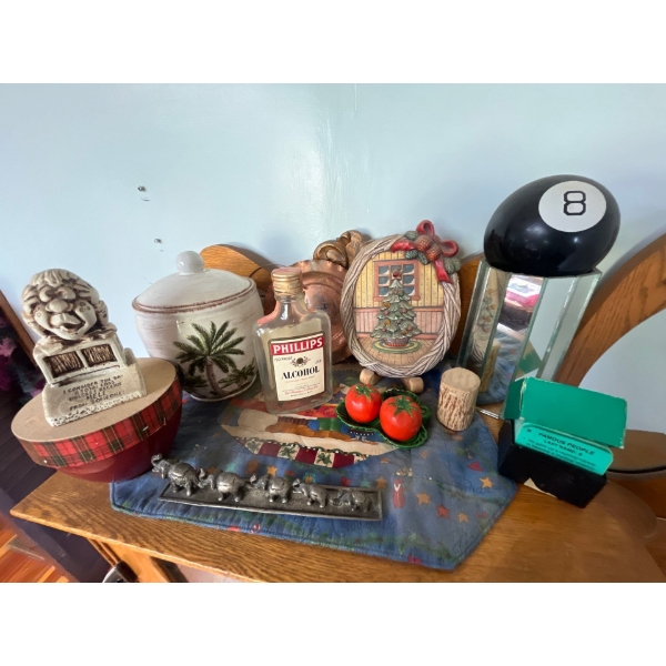 Variety of miscellaneous items and small collectibles, including a vintage magic eight ball