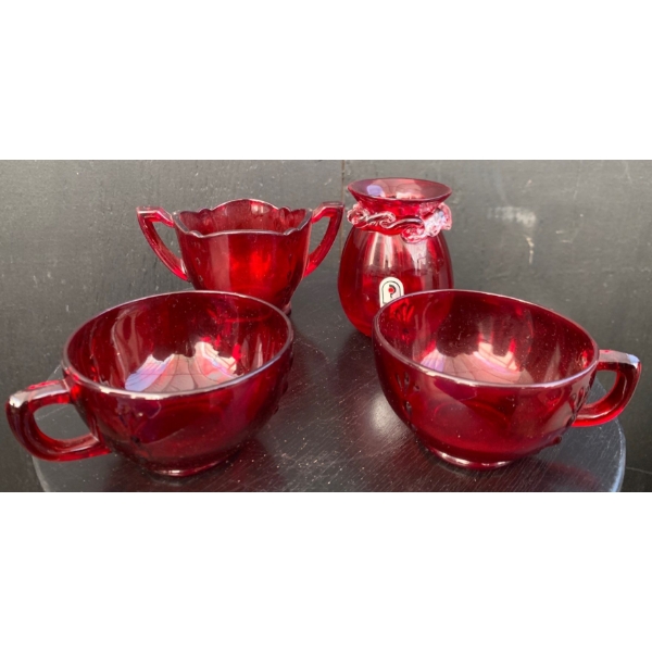 Cranberry Glass: Anchor Hocking Crow's Foot, Pilgrim Glass Vase, and Royal Ruby Red Glasses (2) 