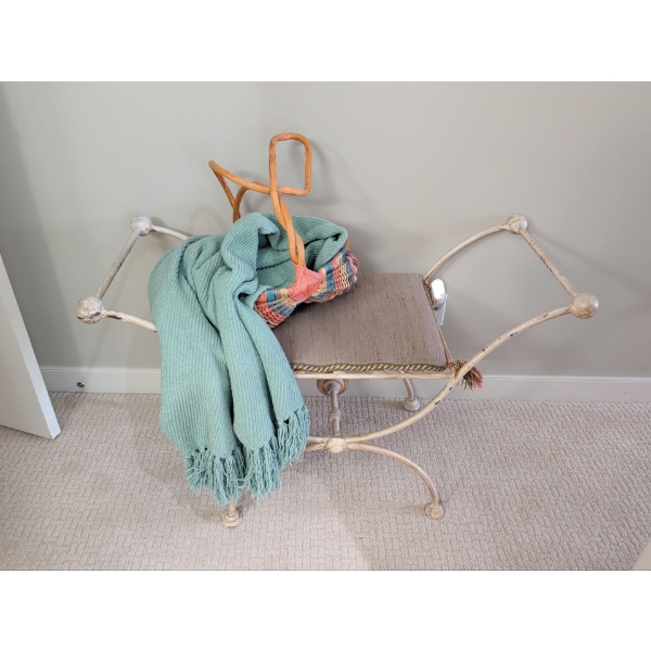 Hollywood Regency Style Metal Vanity Stool Or Bench w/Unique Basket & Throw Blanket