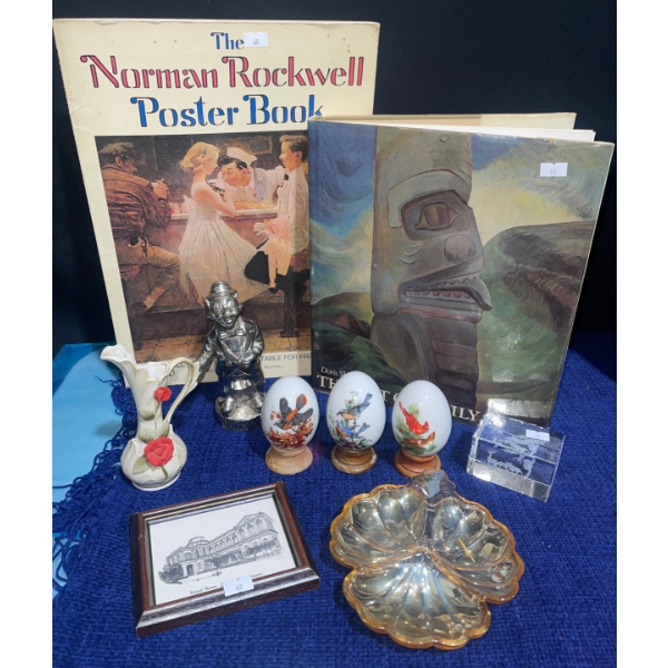 Norman Rockwell Poster Book Decorative Eggs  Blown Glass Bowl  Pretty Vase & More