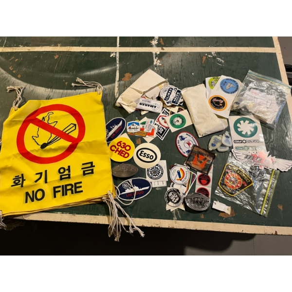  large collection of vintage stickers patches and 5 original no fire collectable flags from overseas