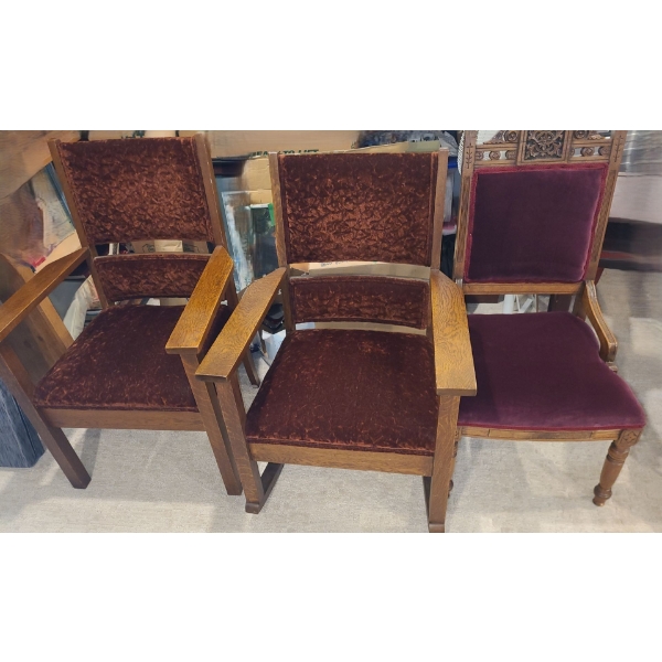 Eastlake Vintage Chair 19 w 18 d 38 h, Rocking Chair 25 w 29 d 34 h, Armchair 25 w 22 d 36 h