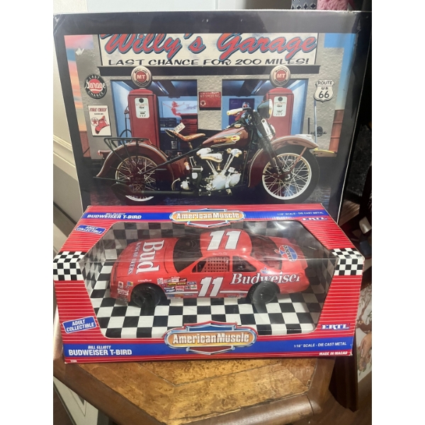 American muscle Budweiser T-bird, with mini poster of Harley Davidson 
