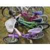 Image 1 : 3 kids, bikes, pink supercycle, green CCM and pink girls bike with banana seat and front basket