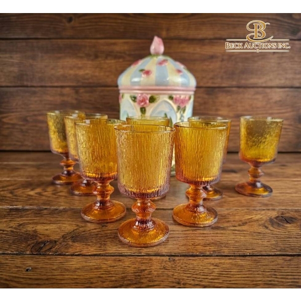 Amber Glass Goblets and Hand-Painted Ceramic Jar