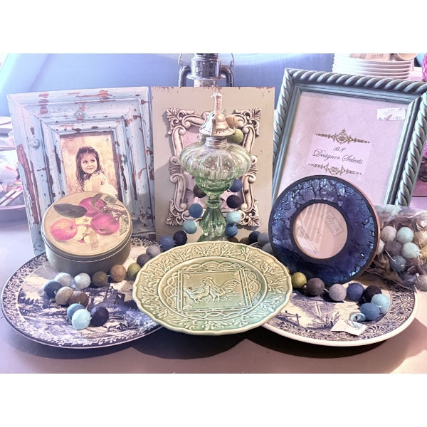 Home Décor Lot: Frames, Plates, Candle, Oil Lamp