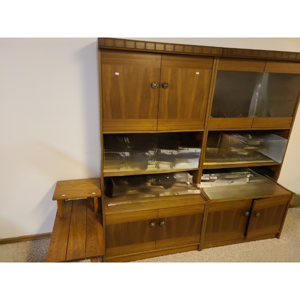 Two Wooden Tables 14 w, 26 d, 23 h and Two Storage Cabinets 33.5 w, 16.5 d, 67 h