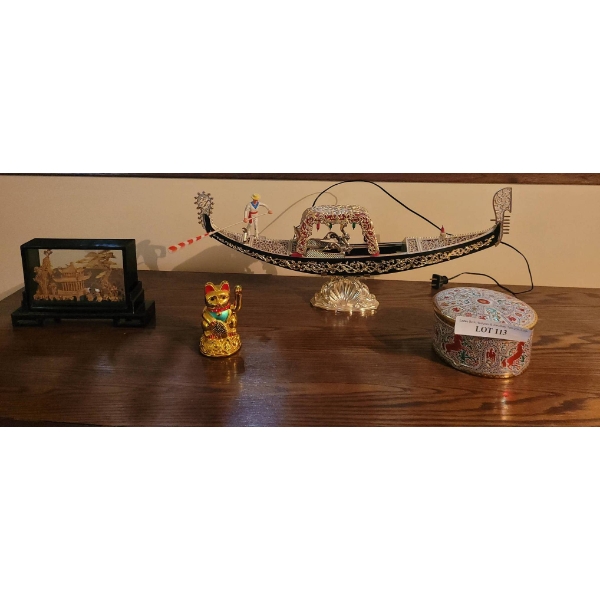 Decorative Asian Themed Lot Featuring Gondola, Lucky Cat, Lidded Box, and Diorama
