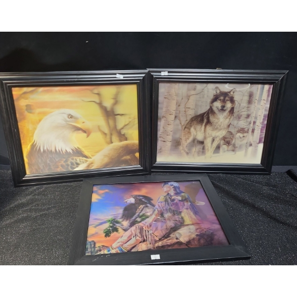 Trio of 3D Pictures: Eagle, Wolf and Eagle 15 X 19/ Indigenous Man 18 X 14, Framed 
