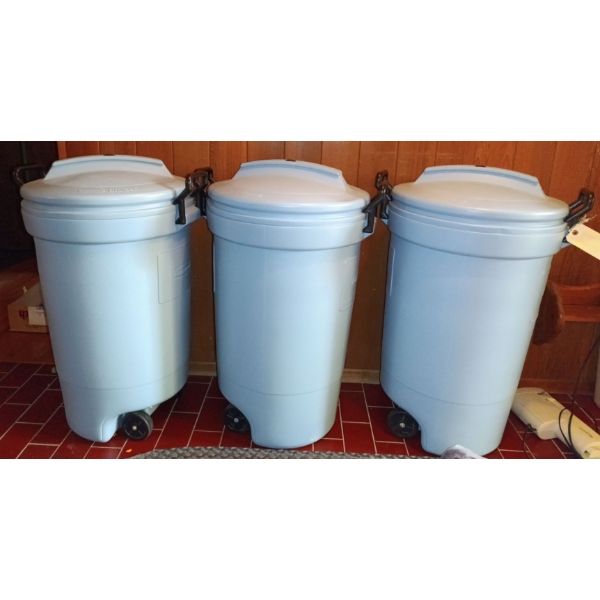 Three Large Rubbermaid Garbage Containers/Cans  (Baby Blue)