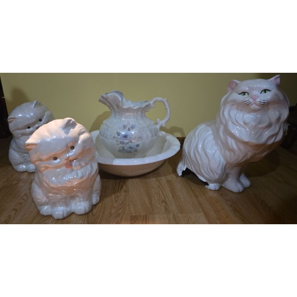 Ceramic Cat Set (Largest is 15T) Plus Decorative Hand Painted Wash Basin w/ Jug 