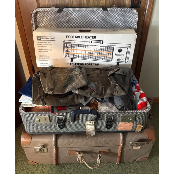 Two Vintage Suitcases W/Vintage Toddler Clothes & Portable Heater