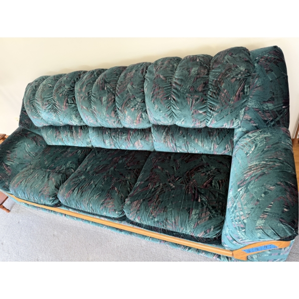 Vintage 1990 Green Floral 3 seater Couch with wood base trim