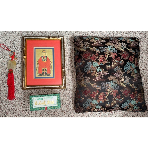 Antique Portrait Of Chinese Elder 10T - Chinese Knot w/ Stone Pendant & More