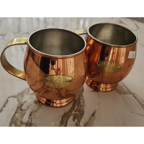Pair of Birks Copper Beer Mugs 3.5" Top, 4.5 T