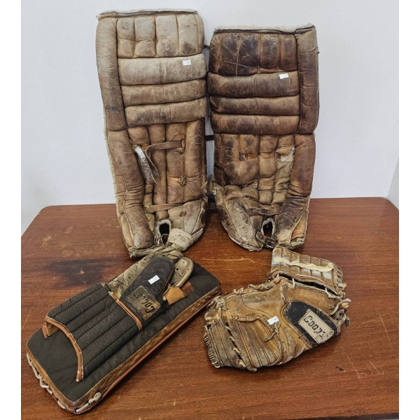 Vintage Cooper Goalie Equipment Including Pads, Glove, and Blocker