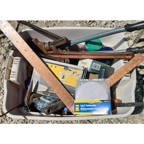 Beige Bin of Tools and Hardware Incl: Bolt Cutters, Cotter Pins, Wrench, Quick Clamp and More! (2nd)