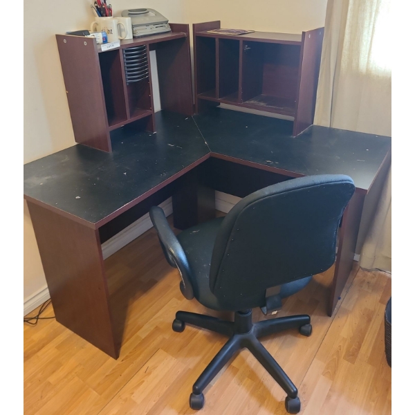 MDF L-Shaped Desk w Attached Storage & Office Supplies 50 l, 50 w,  49 1/2 h
