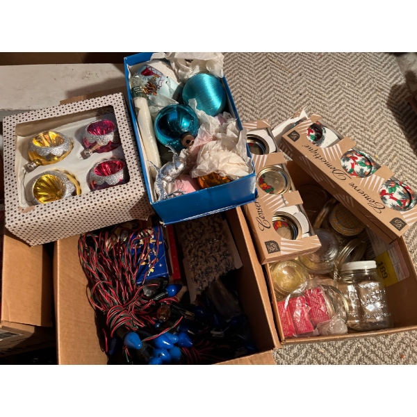 Glass Christmas ornaments collection and candles and holiday vintage gift jars