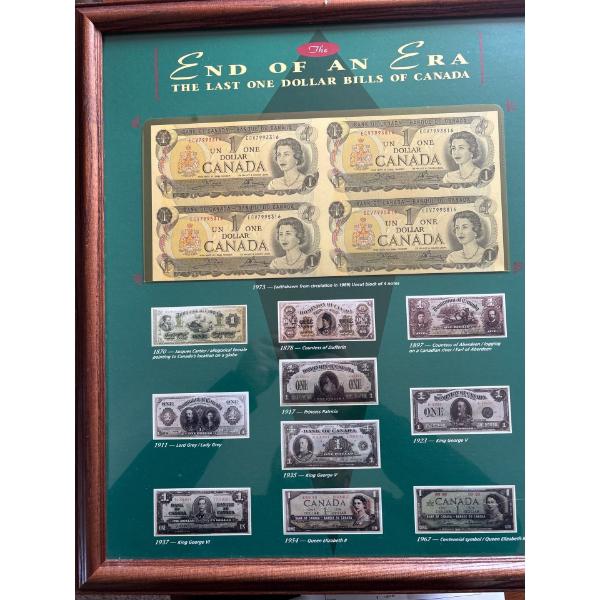 Canadian 1$ Banknote  end Of An Era Un Cut framed set of 4 1 Dollar Banknotes. 