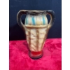 Image 2 : Chalk Vase, 2 Handles, Blue Stripes, Pears with Leaves, Red/Black Base 11.5H