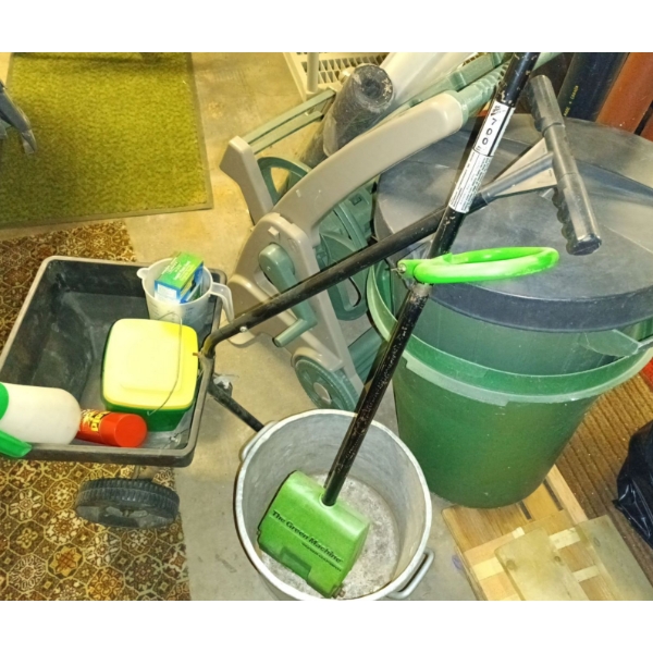 Bundle of Garden Supplies w/Large Garbage Can