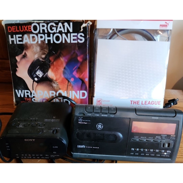 Radio Alarm Clocks: Sony Dream Machine Model ICF-C218 and GE Cassette 7-4936A, Also: Headphones
