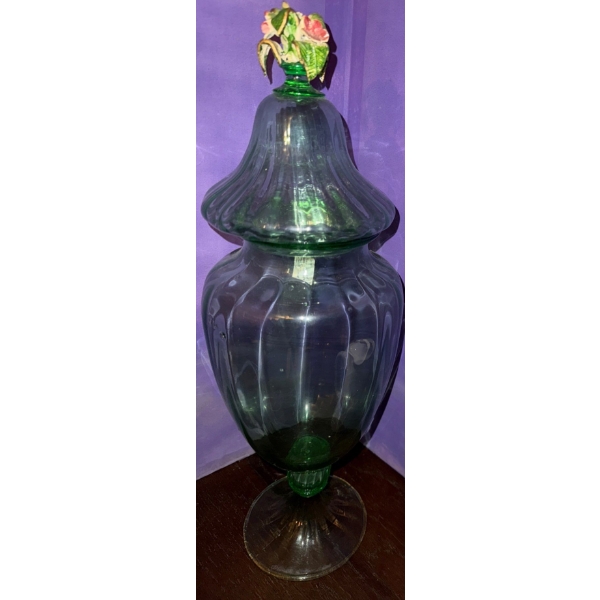 Large Vintage 1960's Green Empoli Glass Bon Bon/Apothecary Jar  (27"tall)