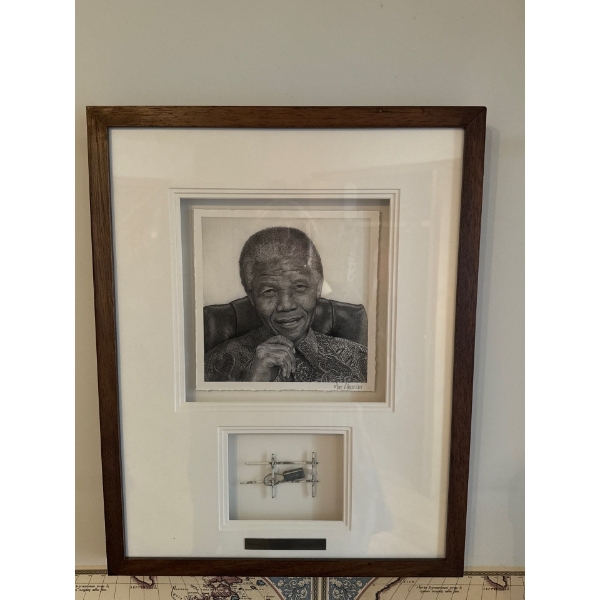 Nelson Mandela Print, Mark Alexander w/ Piece of the Original Fence From Robben Island Prison, 17x22