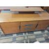 Image 1 : Brown Three Drawer Dresser with Metal Accents and Storage Compartments/ Shelf
