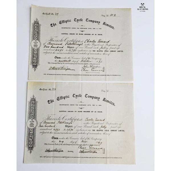  Two Antique Stock Certificates From "The Elliptic Cycle Company Limited.