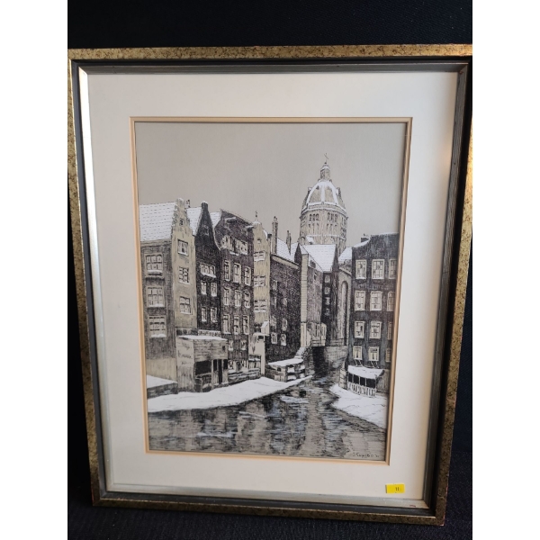 Cityscape Art, Signed: J. Cupido, Framed Under Glass, 17 X 21