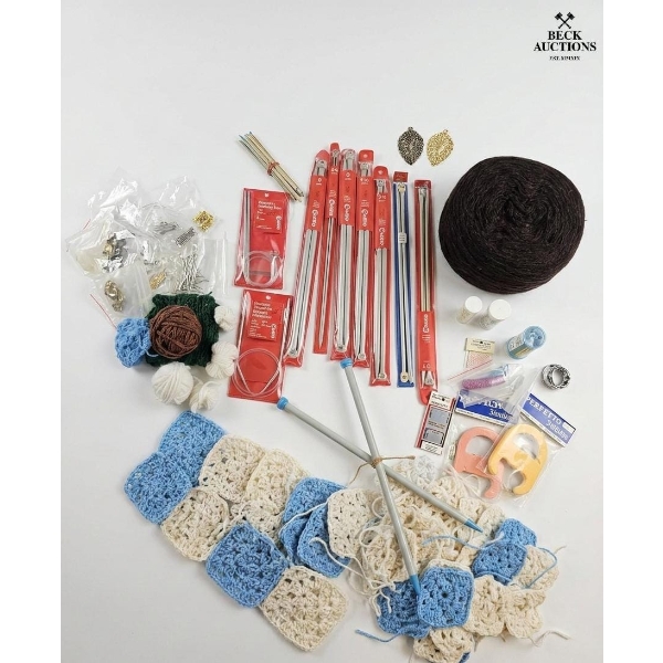 Collection Of Knitting And Crochet Supplies Crochet Hooks, Multiple Spools Of Yarn, Sewing Needles.