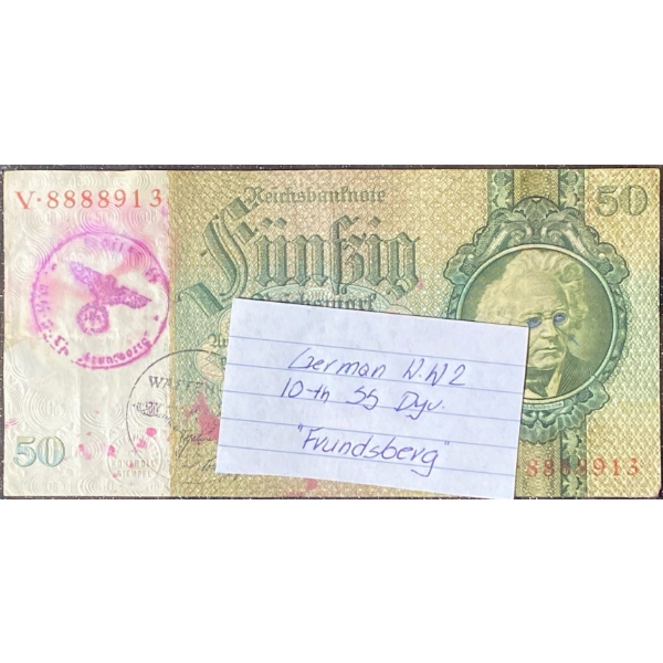 1933 German 50 Reichsmark Banknote Waffen SS