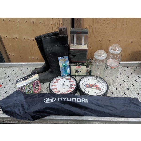 Lantern, Quick Pump, Tractor-Themed Clocks, Storage Jars, Folding Lawn Chair Boots & More