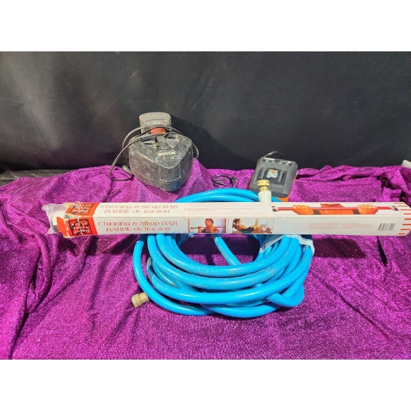Bosch Charger and Battery, Ridgid Charger, Garden Hose and Chin Up Bar