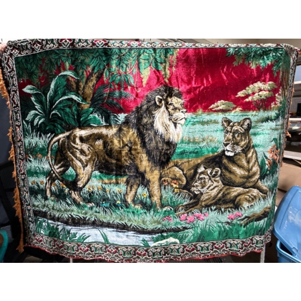 Mid Century Lion's Lair Tapestry 48L w/ Teal Geometric Print Table Cloth