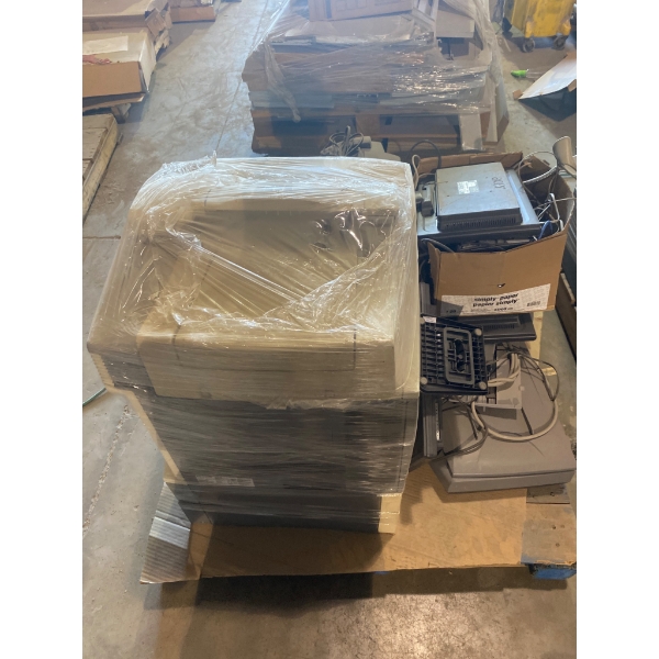 Pallet of Office Equipment Including Printers, Monitors, and Various Components