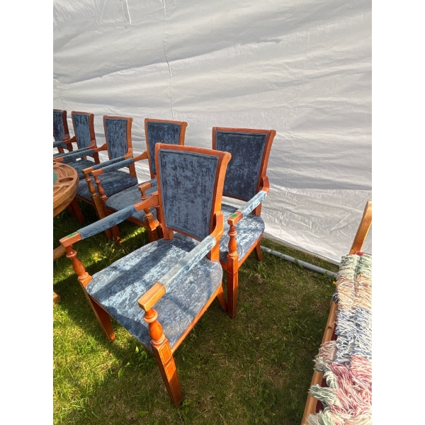 4 Oak Arm Chairs With Blue Velvet Seating Surface W22" H38"