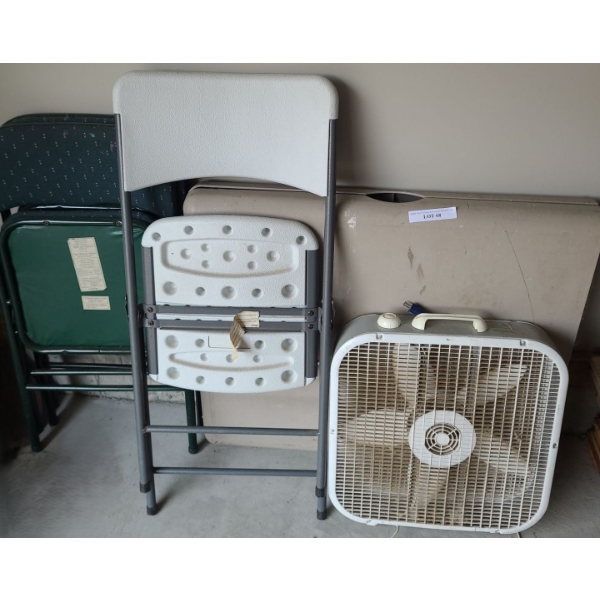 Folding Resin Utility Table 72 w,  29 h, 30 d, Garage Box Fan, 3 Folding Chairs 