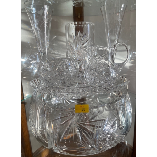 Crystal Bowl, Cream N Sugar Cups & Tray, w/ Large Vase