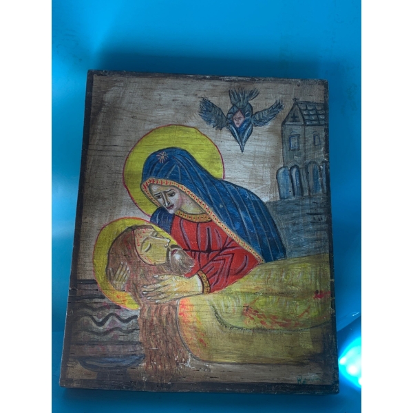 Lamentation of Christ By Virgin Mary Painted on Wooden Board - 11x13.5