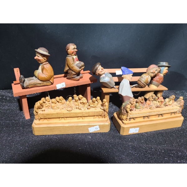 Anri Carved Wooden Stoppers w/ Benches 8 W, 3.5 D, 6 T/ 7 W, 2 D, 5 T and Last Suppers 6 W, 2 D, 3 T